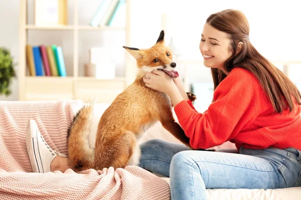 Young Woman Pet Fox Indoors — Stock Photo, Image