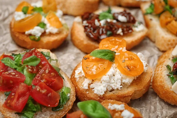 Tasty Bruschettas Tomatoes Table Closeup — Stock Photo, Image