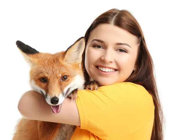 Woman Pet Fox White Background — Stock Photo, Image