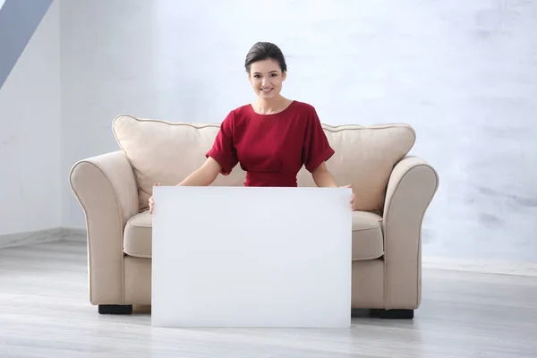 Young Woman Blank Advertising Board Indoors — Stock Photo, Image