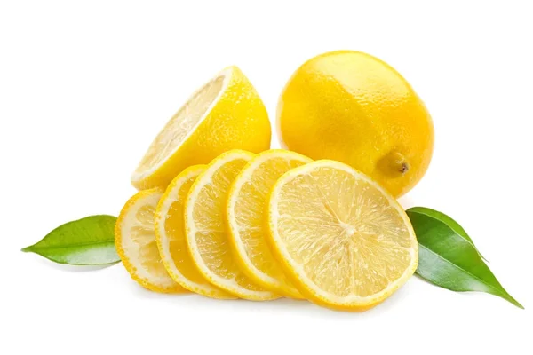 Fresh Ripe Lemons Leaves White Background — Stock Photo, Image