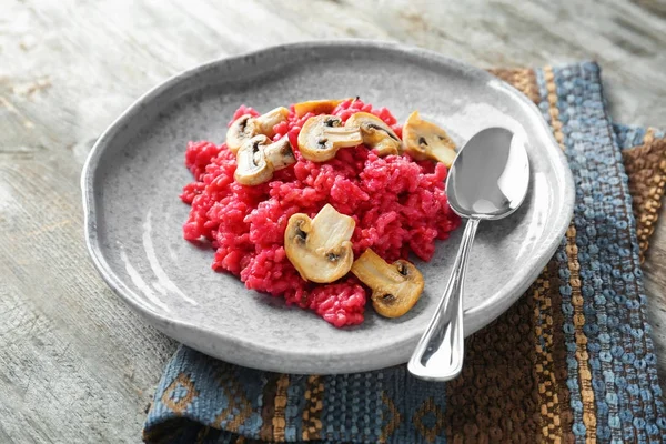 Plate Tasty Beetroot Risotto Mushrooms Table Closeup — Stock Photo, Image