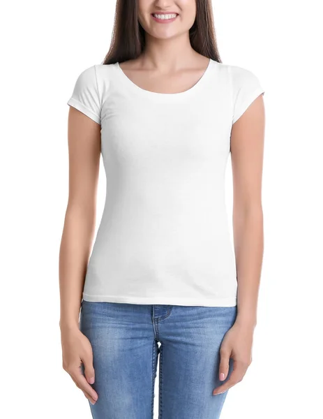 Young Woman Shirt White Background Mockup Design — Stock Photo, Image