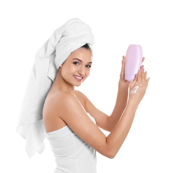 Attractive Young Woman Bottle Hand Cream White Background — Stock Photo, Image