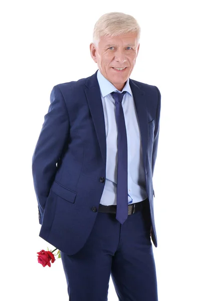 Attraktiver Älterer Mann Mit Roter Rose Auf Weißem Hintergrund — Stockfoto