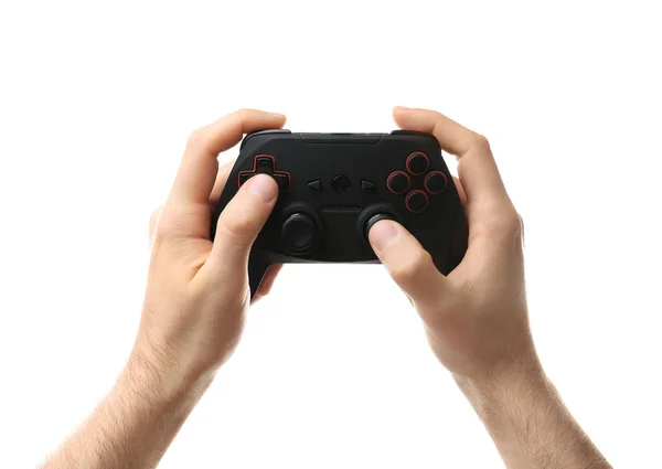 Man Holding Video Game Controller White Background — Stok Foto