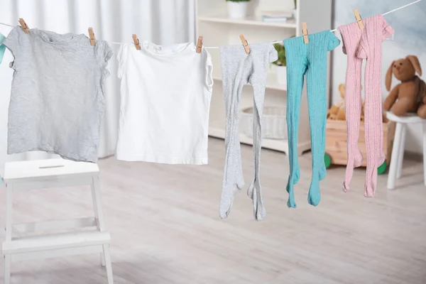 Clothes Hanging Laundry Line Indoors — Stock Photo, Image