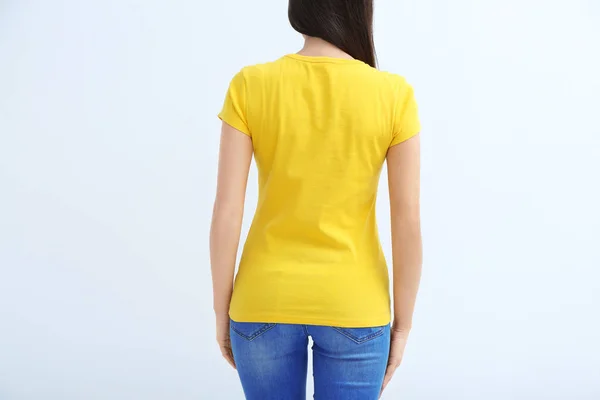 Young Woman Color Shirt White Background Mockup Design — Stock Photo, Image