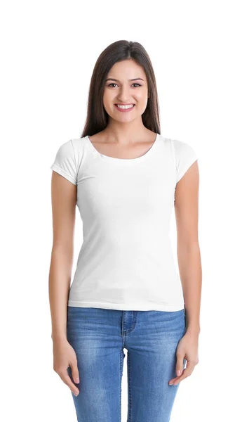 Młoda Kobieta Shirt Białym Tle Makieta Projekt — Zdjęcie stockowe