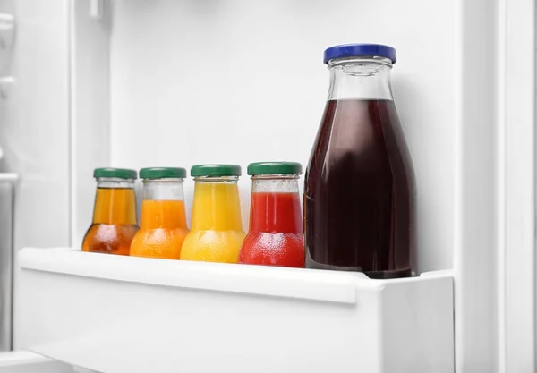 Bottles Juice Refrigerator Door Shelf Closeup — Stock Photo, Image