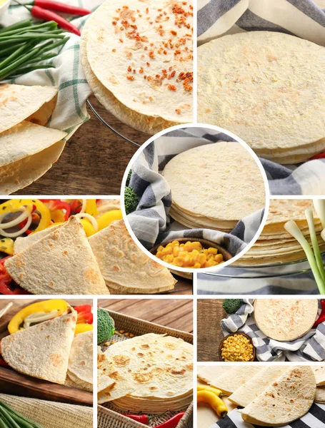 Collage Fresh Tortillas Made Flour — Stock Photo, Image