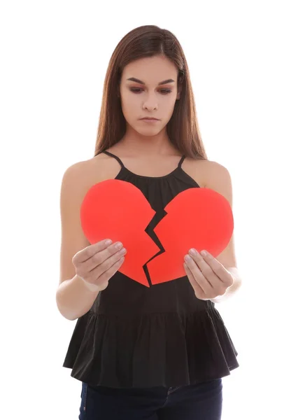 Unhappy Woman Two Halves Paper Heart White Background Breakup Concept — Stock Photo, Image