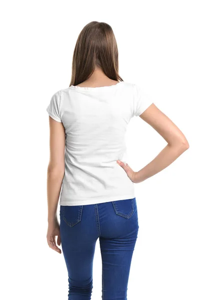 Young Woman Shirt White Background Mockup Design Stock Image