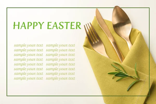 Cutlery and napkin with floral decor for Easter dinner on white background — Stock Image Cutlery Napkin Floral Decor Easter Dinner White Background Royalty Free Stock Photos