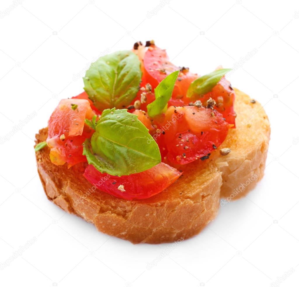 Tasty bruschetta with tomatoes on white background