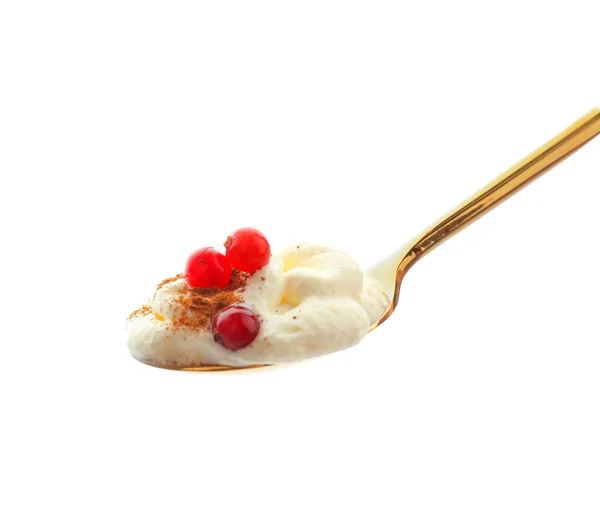 Tasty Vanilla Pudding Cranberry Spoon White Background — Stock Photo, Image