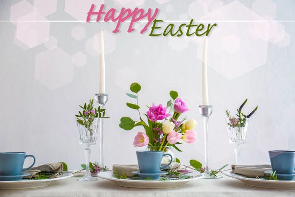 Apparecchiatura Della Tavola Con Decorazioni Floreali Cena Pasqua Chiuso — Foto Stock