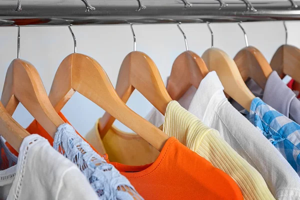 Clean Clothes Hanging Rack Laundry Closeup — Stock Photo, Image