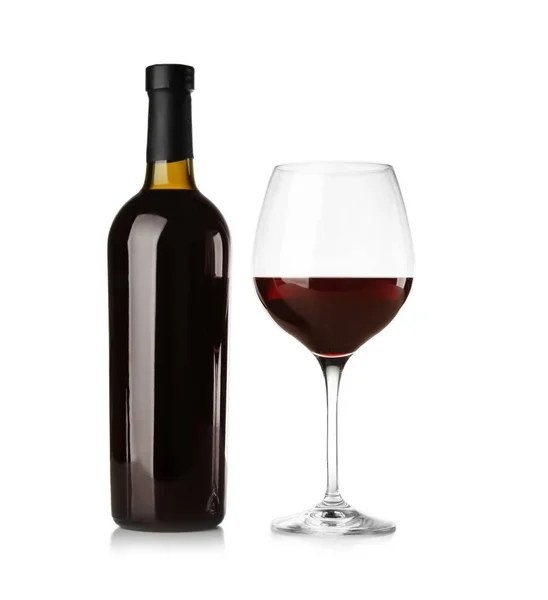 Botella Copa Con Vino Tinto Sobre Fondo Claro — Foto de Stock