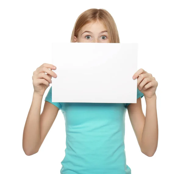 Cute Girl Blank Sheet Paper Advertising White Background — Stock Photo, Image