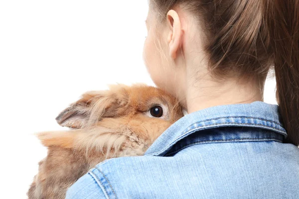 Hermosa Mujer Joven Con Conejo Mascota Sobre Fondo Blanco — Foto de Stock