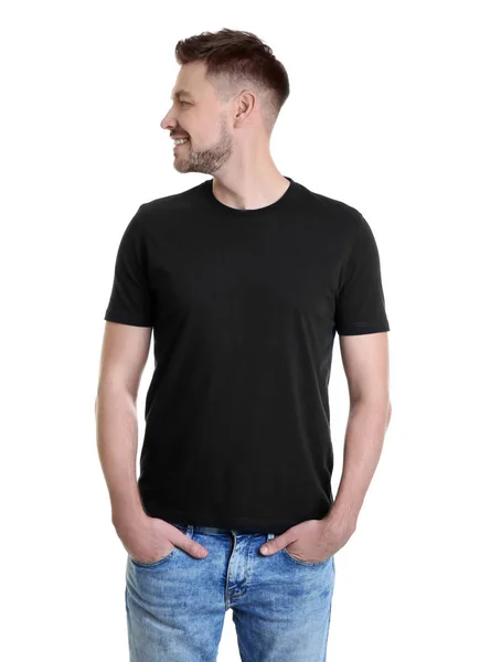 Junger Mann Farbigem Shirt Auf Weißem Hintergrund Design Attrappe — Stockfoto
