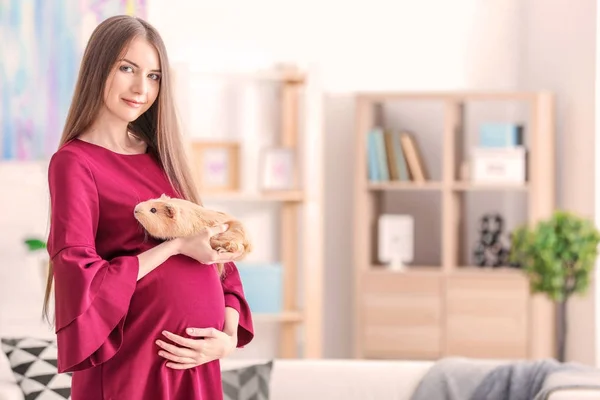 Mujer Embarazada Joven Con Conejillo Indias Mascota Casa — Foto de Stock
