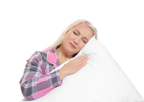 Beyaz Arka Plan Üzerinde Yumuşak Yastık Ile Üst Düzey Kadın — Stok fotoğraf