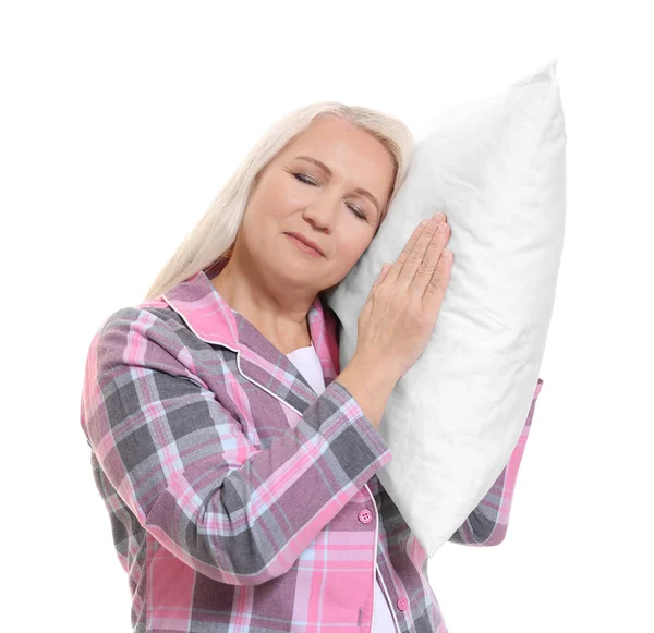 Beyaz Arka Plan Üzerinde Yumuşak Yastık Ile Üst Düzey Kadın — Stok fotoğraf