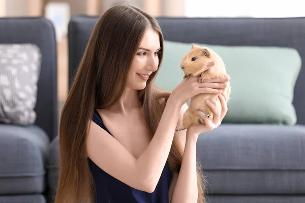 Beautiful Young Woman Pet Guinea Pig Home — Stock Photo, Image