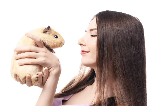 Bella Giovane Donna Con Cavia Animale Domestico Sfondo Bianco — Foto Stock