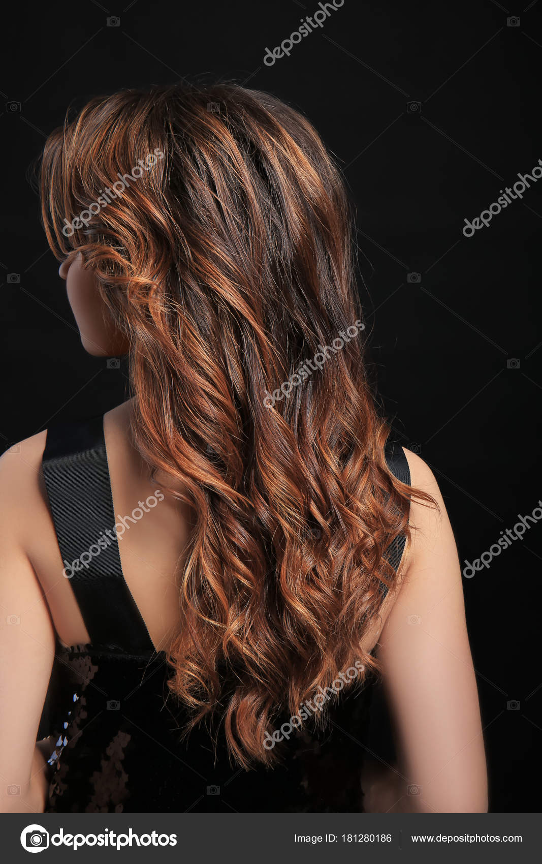 Pictures Brown Curly Hair With Caramel Highlights Woman Caramel Highlights Black Background Stock Photo C Belchonock 181280186