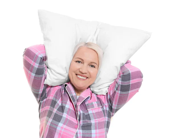 Senior Woman Soft Pillow White Background — Stock Photo, Image