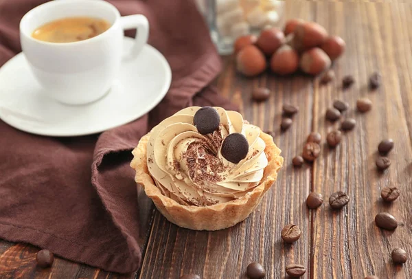 Tasty Tartlet Whipped Cream Wooden Table — Stock Photo, Image