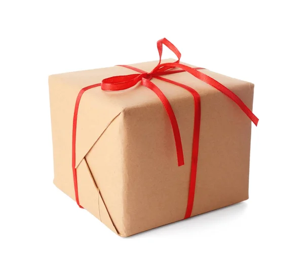 Κουτί Δώρου Χαρτί Βιοτεχνίας Κόκκινη Κορδέλα Απομονωθεί Λευκό — Φωτογραφία Αρχείου