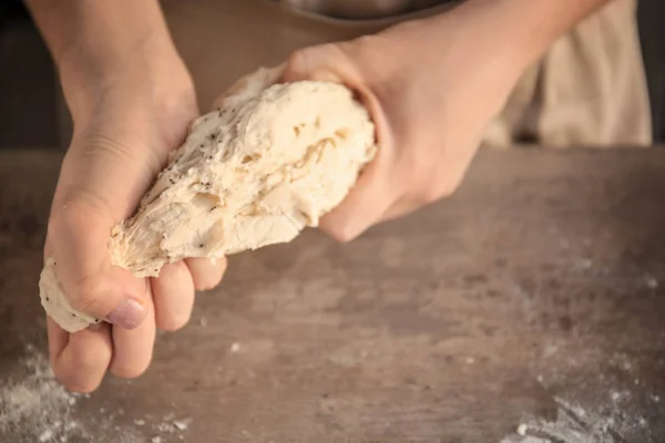 Woman Kneading Dough Table Closeup — Stock Photo, Image