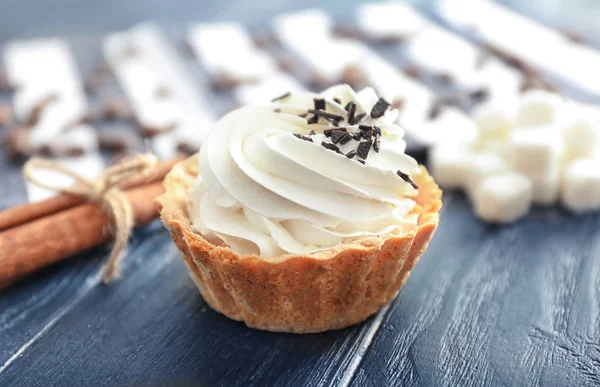 Tasty Tartlet Whipped Cream Wooden Table — Stock Photo, Image