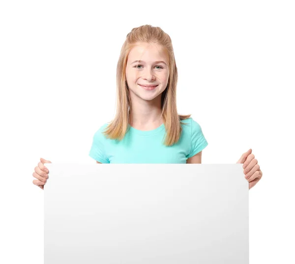 Menina Bonito Com Placa Publicidade Branco Fundo Branco — Fotografia de Stock