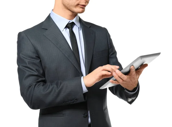 Car salesman with tablet computer on white background — Stock Photo, Image
