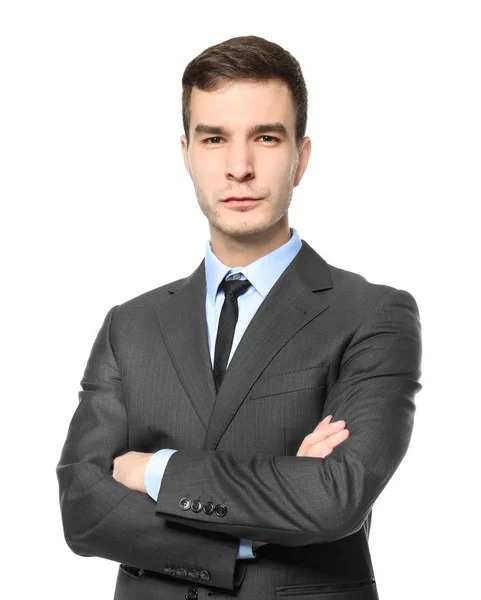 Handsome car salesman on white background — Stock Photo, Image