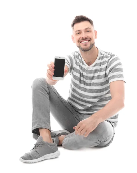 Jovem Atraente Com Telefone Celular Fundo Branco — Fotografia de Stock
