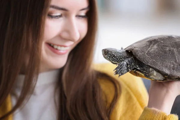 ペットのカメ クローズ アップと美しい若い女性 — ストック写真