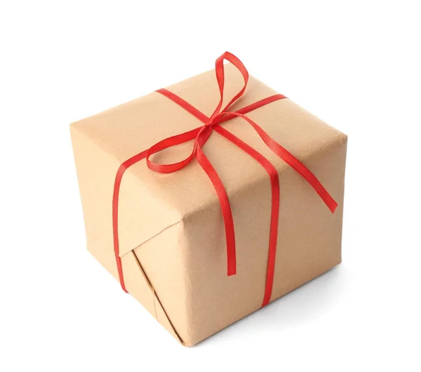 Κουτί Δώρου Χαρτί Βιοτεχνίας Κόκκινη Κορδέλα Απομονωθεί Λευκό — Φωτογραφία Αρχείου