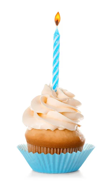 Cupcake Aniversário Com Vela Isolada Branco — Fotografia de Stock