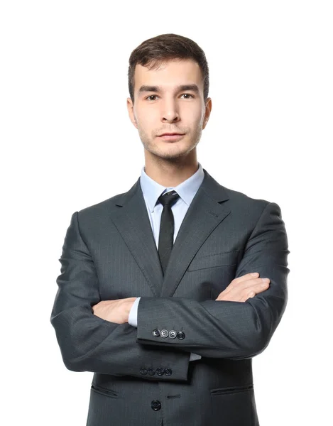 Handsome car salesman on white background — Stock Photo, Image