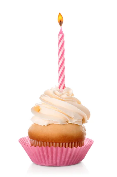 Birthday Cupcake Candle Isolated White — Stock Photo, Image