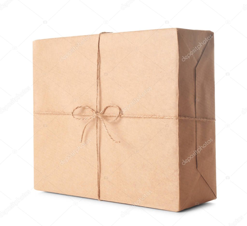Gift box in craft paper isolated on white