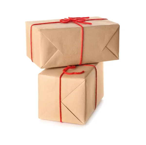 Twee Parcel Geschenkdozen Geïsoleerd Wit — Stockfoto