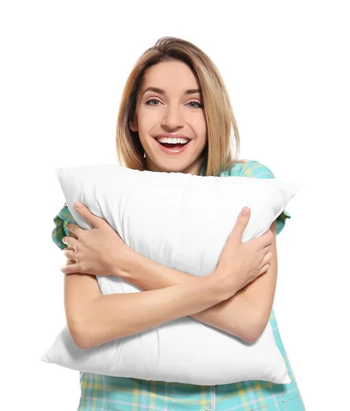 Mladá žena s měkkým polštářem na bílém pozadí — Stock fotografie