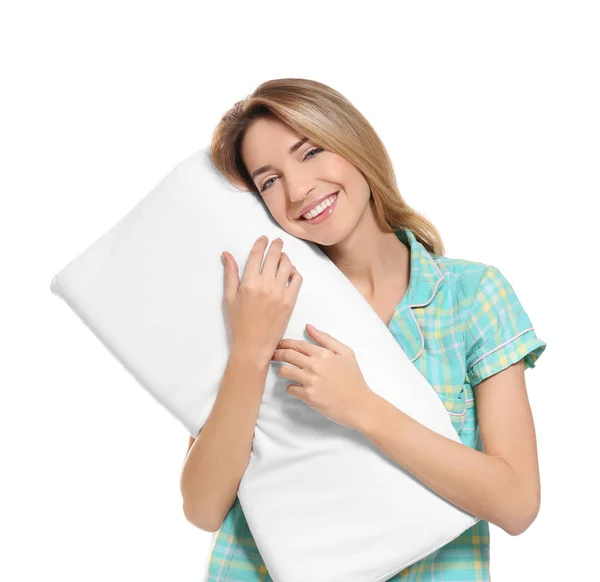 Ung kvinna med mjuk kudde på vit bakgrund — Stockfoto